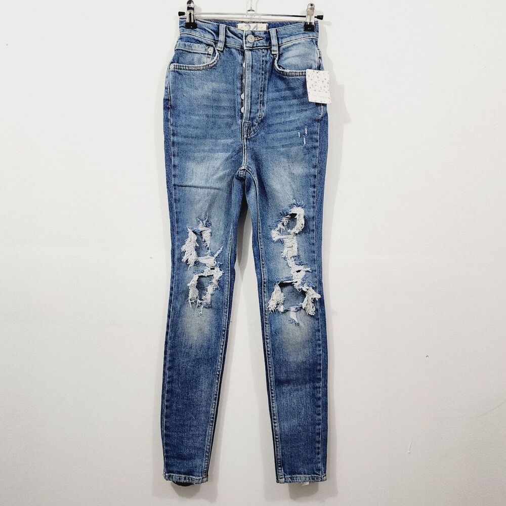 Free People We the Free Phoenix Ripped Skinny Button Fly Jeans Size 24 MSRP $98